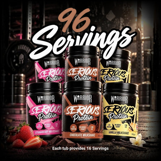 Promotional graphic for Warrior Serious Protein reading '96 Servings', showing six 500g tubs (two each of Strawberry, Chocolate and Vanilla Milkshake) arranged together against a gym background with fresh strawberries, chocolate chunks and a vanilla pod, and text below reading 'Each tub provides 16 Servings'.