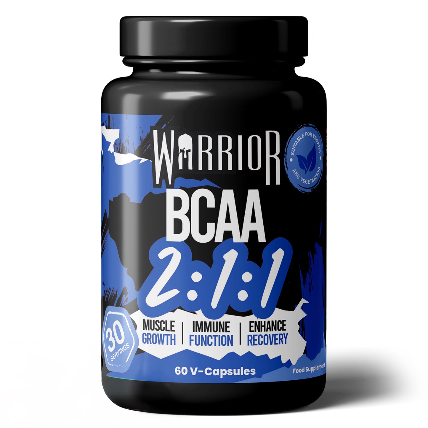 Warrior BCAA 2:1:1 bottle, front view on a white background