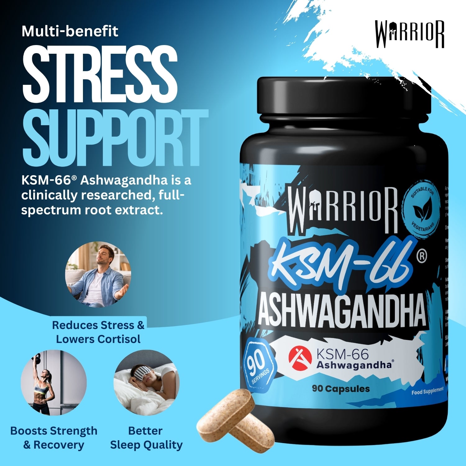 Warrior Ashwagandha 300mg – Stress Relief, Testosterone & Recovery Support | 90 Capsules (UK Made)