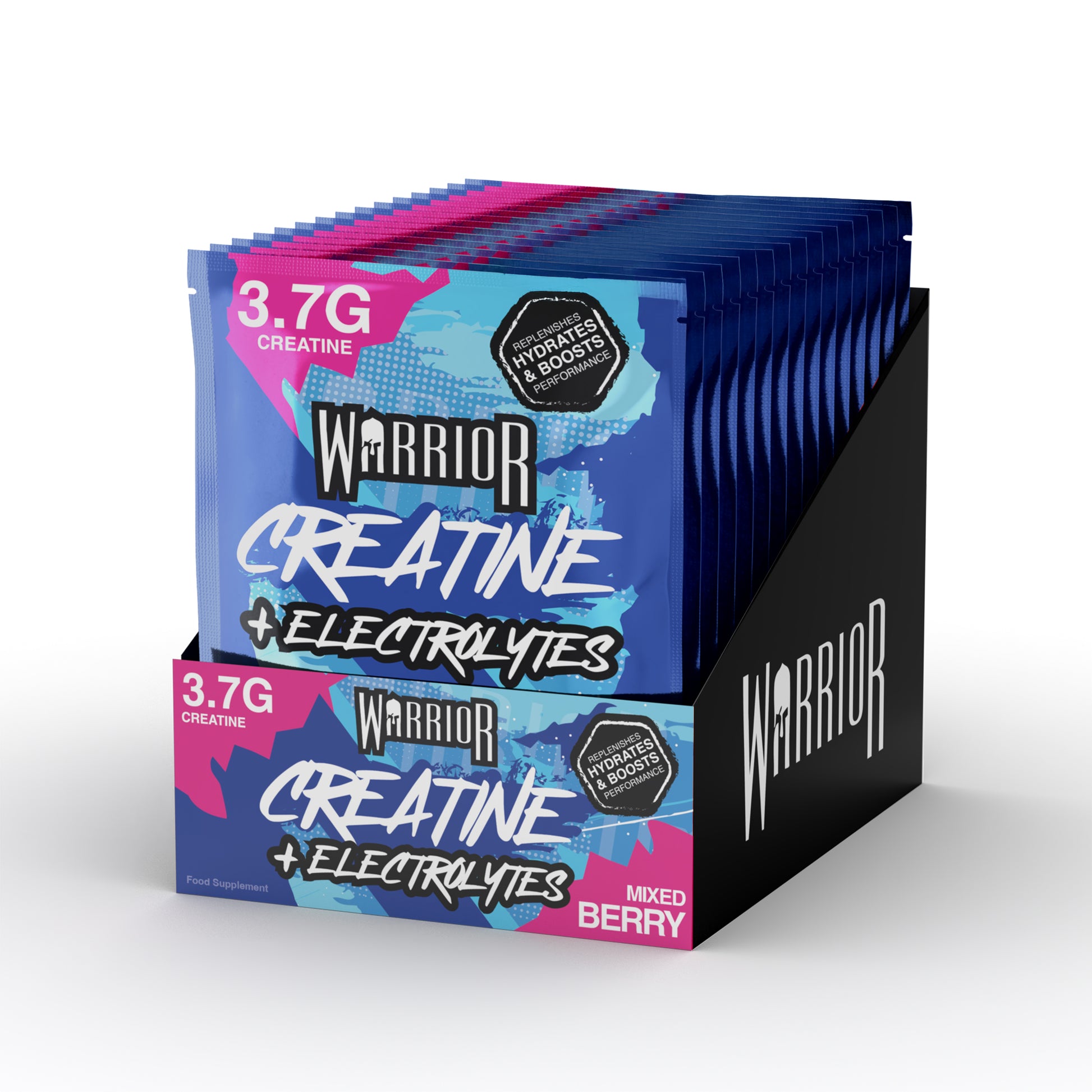 Warrior Creatine + Electrolytes Box - mixed berry flavour supplement packet on a white background
