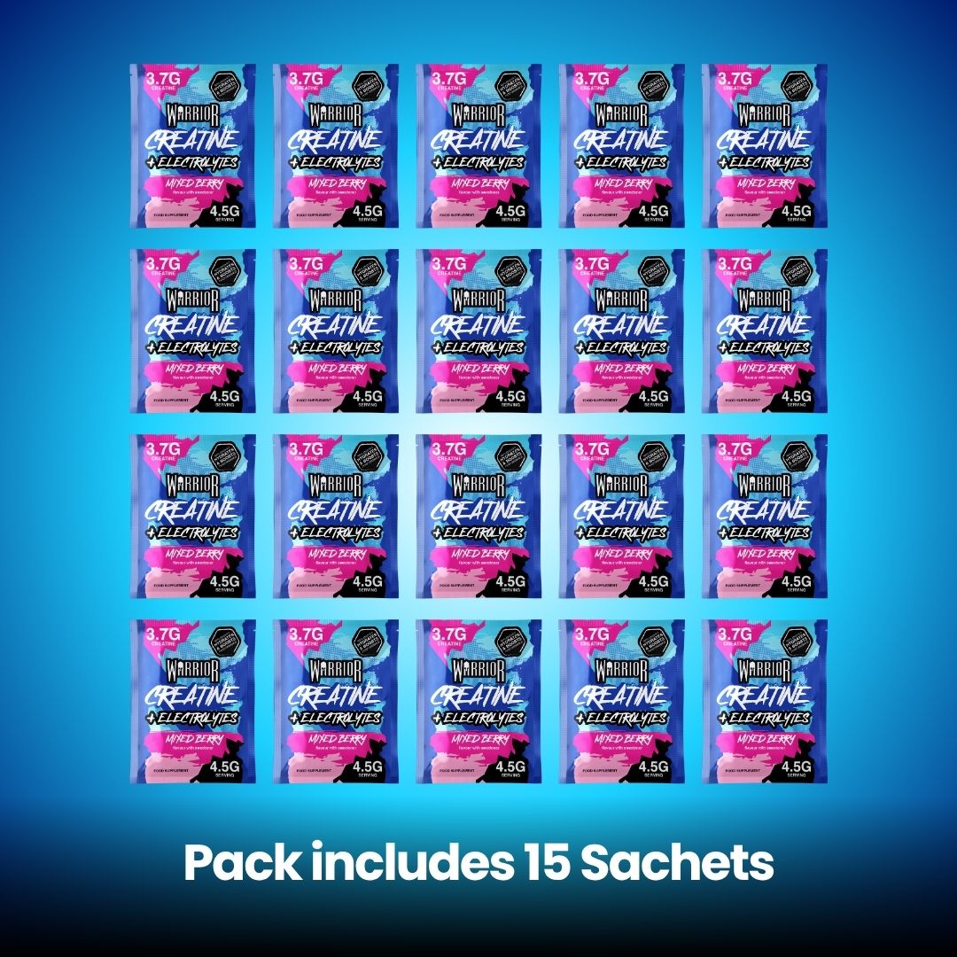 arrior Creatine + Electrolytes sachet pack layout showing 15 sachets included per box.