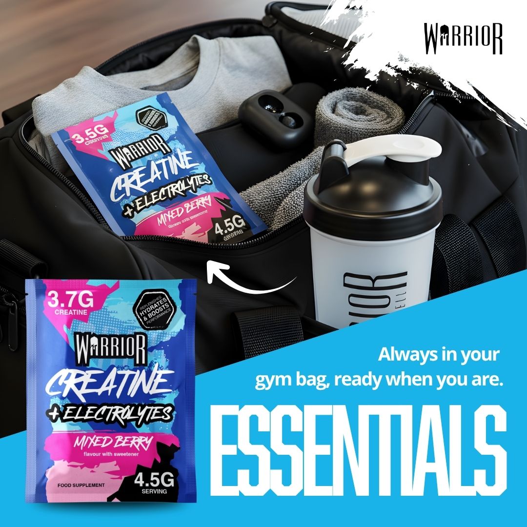 Warrior Creatine + Electrolytes sachet placed inside a gym bag with shaker, towel, and workout gear. Text reads “Essentials – always in your gym bag,” emphasizing portability and convenience.