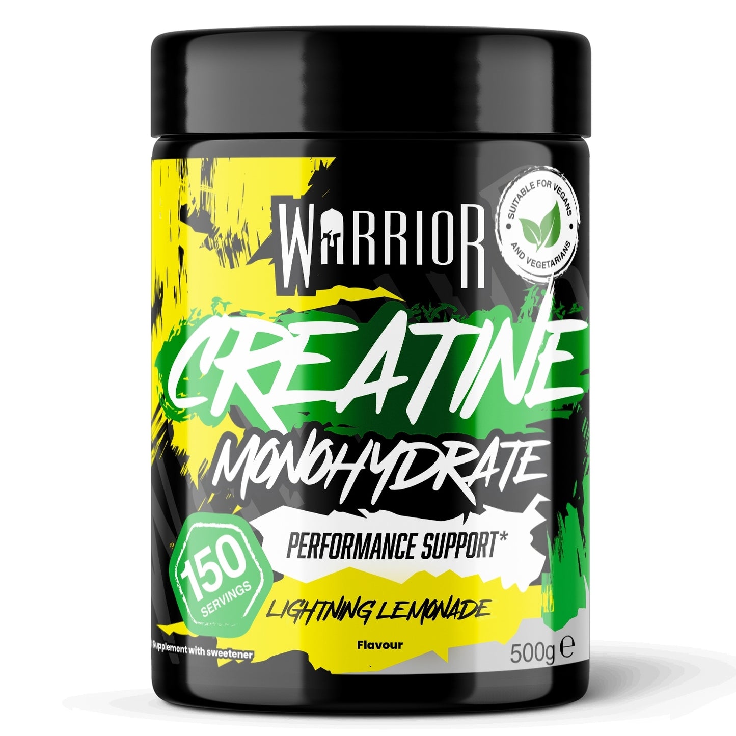 Warrior Creatine Monohydrate 500g tub, Lightning Lemonade flavour, alternate graffiti-style label, 150 servings, suitable for vegans and vegetarians