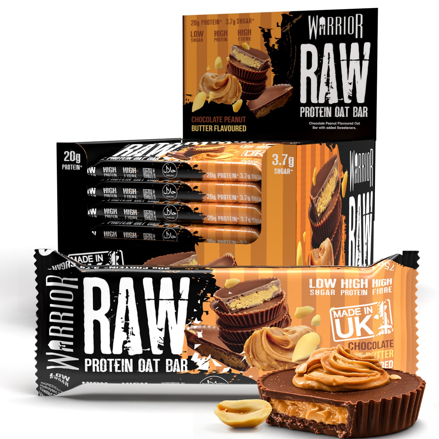 Warrior RAW Protein Bar 24-pack Chocolate Peanut Butter box, sleeve of bars and single wrapper with peanut butter cup, group product shot