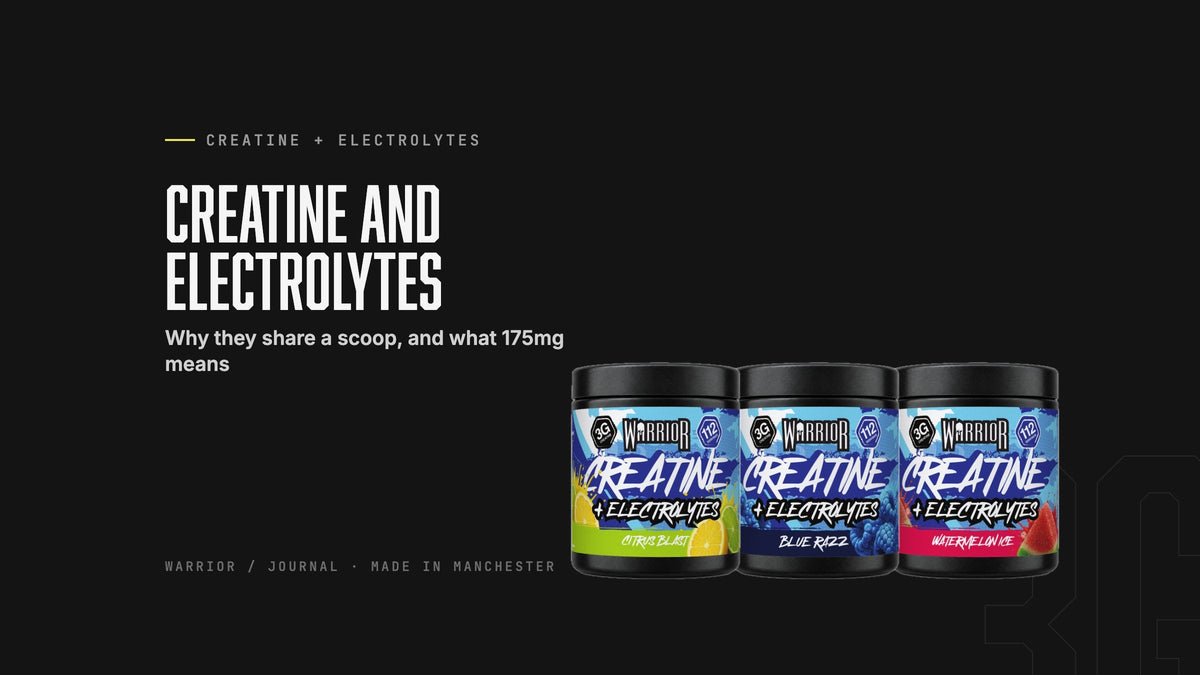 Three tubs of Warrior Creatine Plus Electrolytes with the headline Creatine and electrolytes
