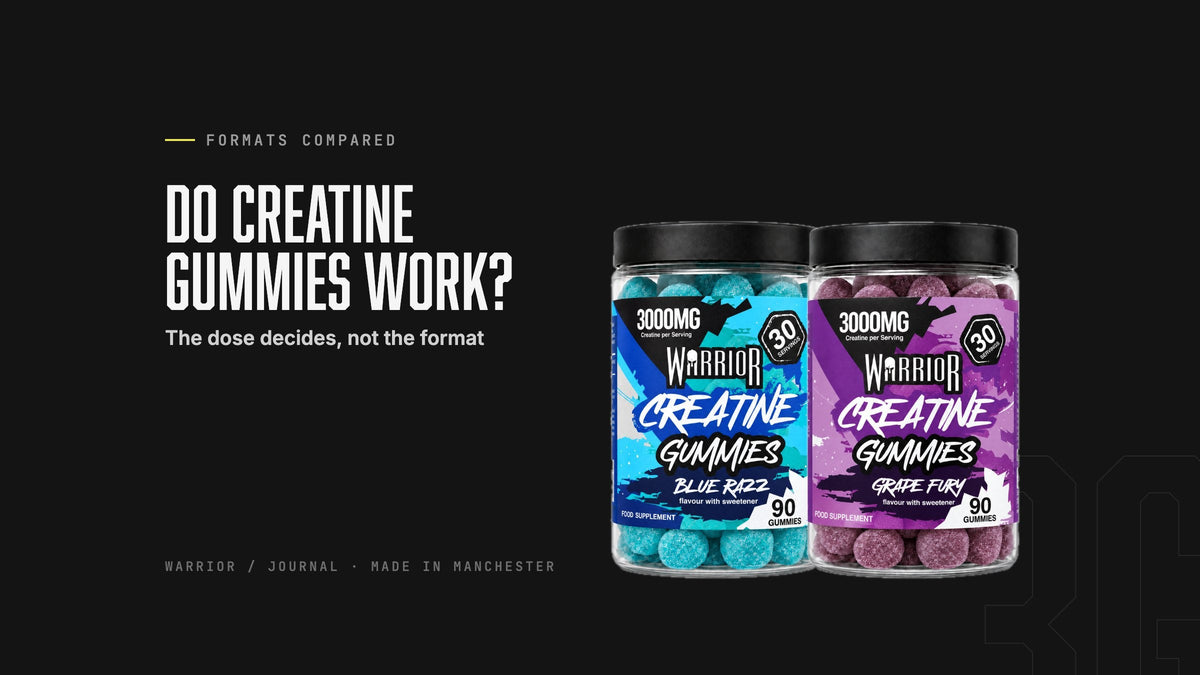 Warrior Creatine Gummies Blue Razz and Grape Fury jars with the headline Do creatine gummies work