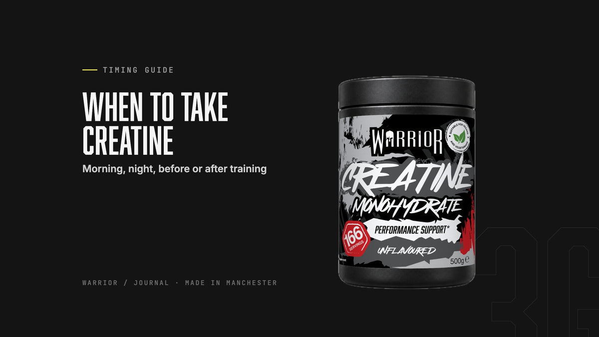 Warrior Creatine Monohydrate 500g tub with the headline When to take creatine