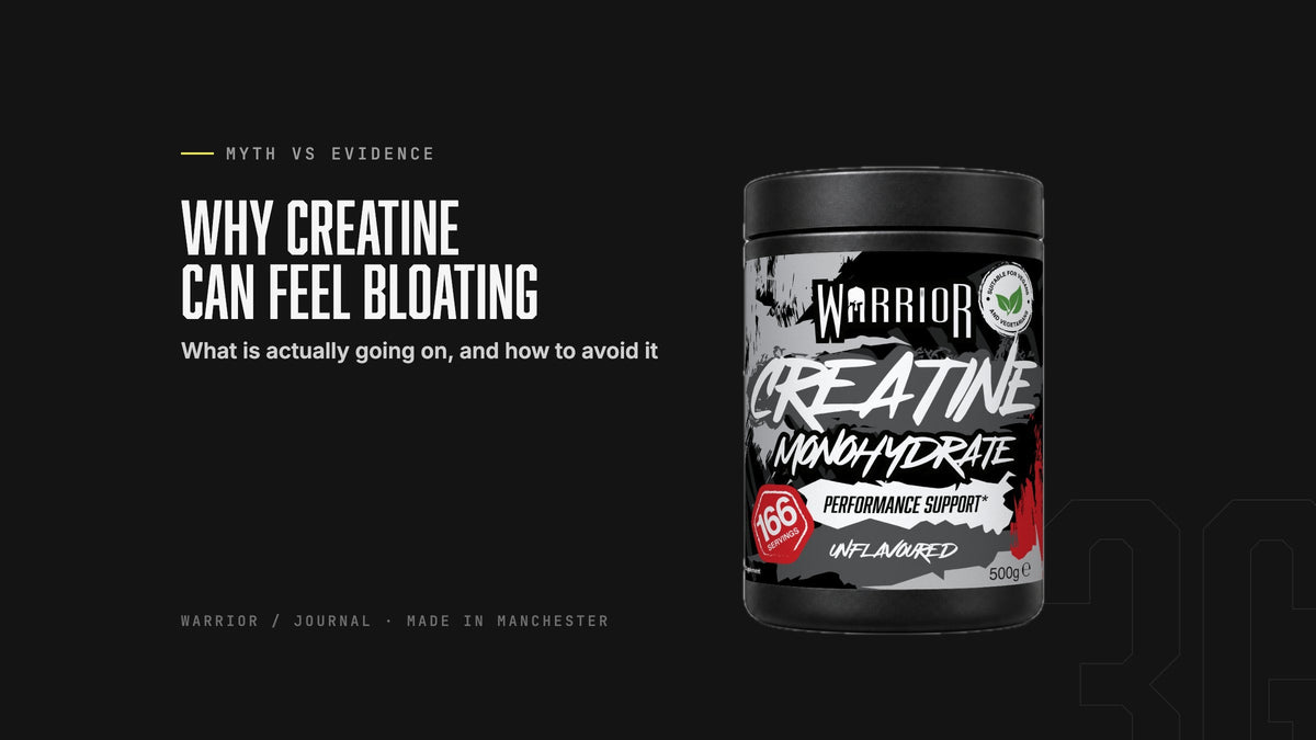 Warrior Creatine Monohydrate 500g tub with the headline Why creatine can feel bloating