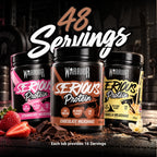 Promotional graphic for Warrior Serious Protein reading '48 Servings', showing three 500g tubs (Strawberry, Chocolate and Vanilla Milkshake) arranged together against a gym background with fresh strawberries, chocolate chunks and a vanilla pod, and text below reading 'Each tub provides 16 Servings'.