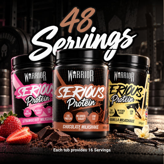 Promotional graphic for Warrior Serious Protein reading '48 Servings', showing three 500g tubs (Strawberry, Chocolate and Vanilla Milkshake) arranged together against a gym background with fresh strawberries, chocolate chunks and a vanilla pod, and text below reading 'Each tub provides 16 Servings'.