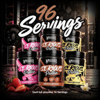 Promotional graphic for Warrior Serious Protein reading '96 Servings', showing six 500g tubs (two each of Strawberry, Chocolate and Vanilla Milkshake) arranged together against a gym background with fresh strawberries, chocolate chunks and a vanilla pod, and text below reading 'Each tub provides 16 Servings'.