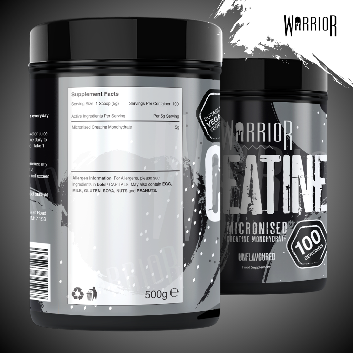 Warrior Creatine Monohydrate close-up of the supplement facts panel listing serving size and allergen information