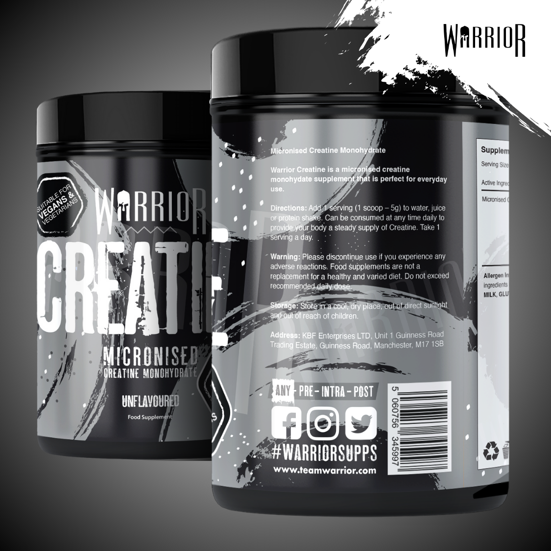 Warrior Creatine Monohydrate front and back label view showing usage directions warnings and storage information