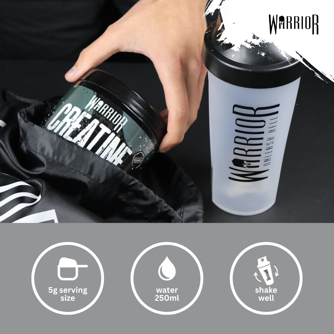 Warrior Creatine Monohydrate tub pulled from a gym bag next to a shaker with serving and mixing instructions