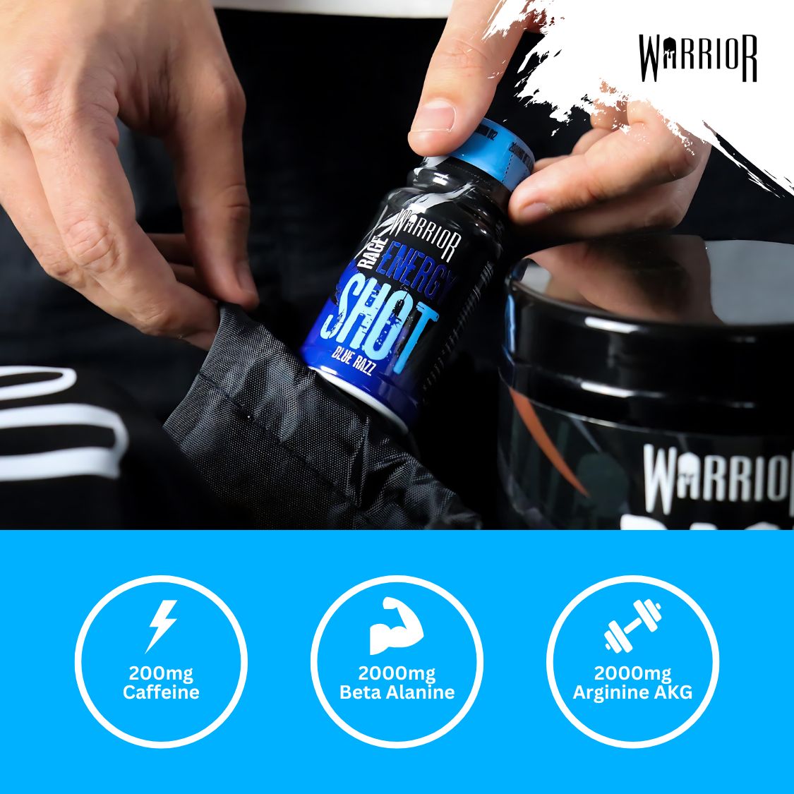 Warrior Rage Energy Shot, Blue Razz flavour, held from gym bag, 200mg Caffeine, 2000mg Beta Alanine, 2000mg Arginine AKG per shot