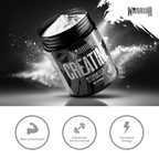 Warrior Creatine Monohydrate tilted tub spilling powder beside icons for muscle strength performance and energy