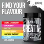 Warrior Creatine Monohydrate flavour guide listing seven available flavour options beside the product tub