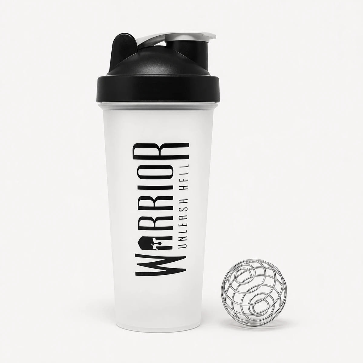 Warrior Shaker 600ml in frosted clear, front view with wire mixing ball