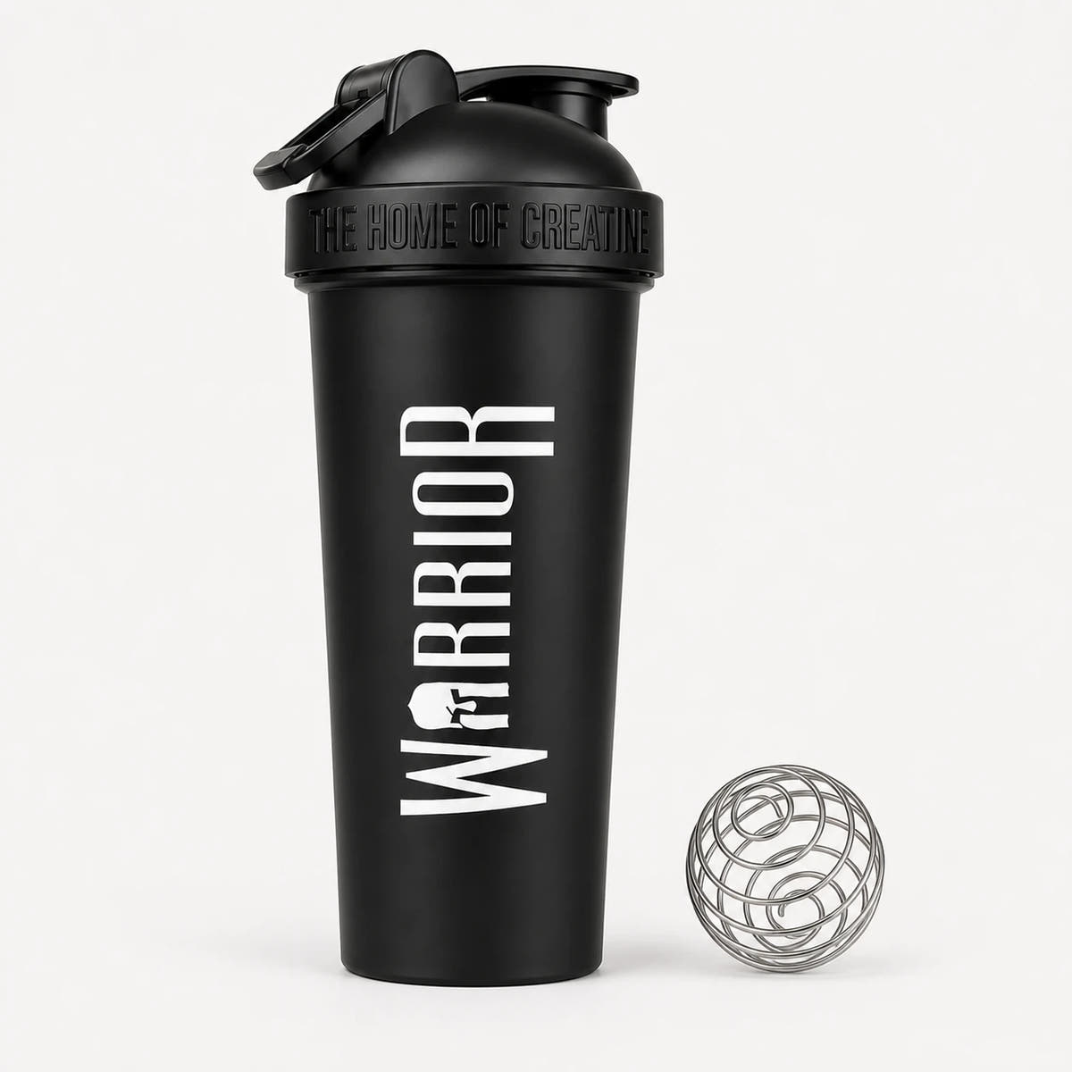 Warrior Home of Creatine Shaker 600ml in black, front view with wire mixing ball