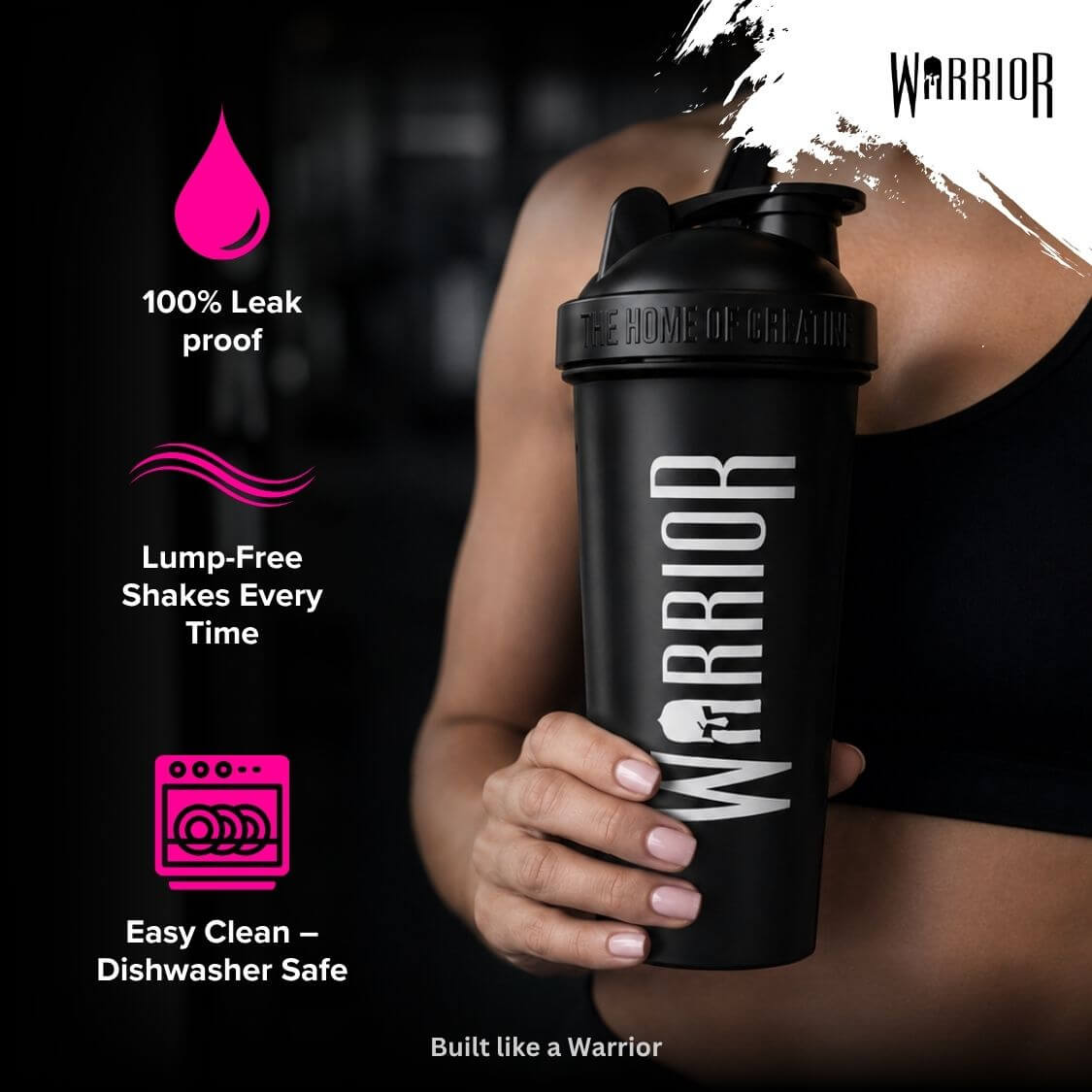 Warrior Home of Creatine Shaker – 600ml Black | Premium Leak-Proof Protein Shaker Bottle