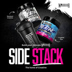 Warrior Home of Creatine Shaker 600ml in black next to tubs of Warrior Creatine Monohydrate and Warrior Creatine Plus Electrolytes Mixed Berry, promoting the Side Stack - the Home of Creatine