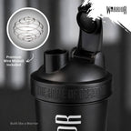 Close-up of the lid and spout of the Warrior Home of Creatine Shaker 600ml in black, with an inset image of the included premium wire mixball