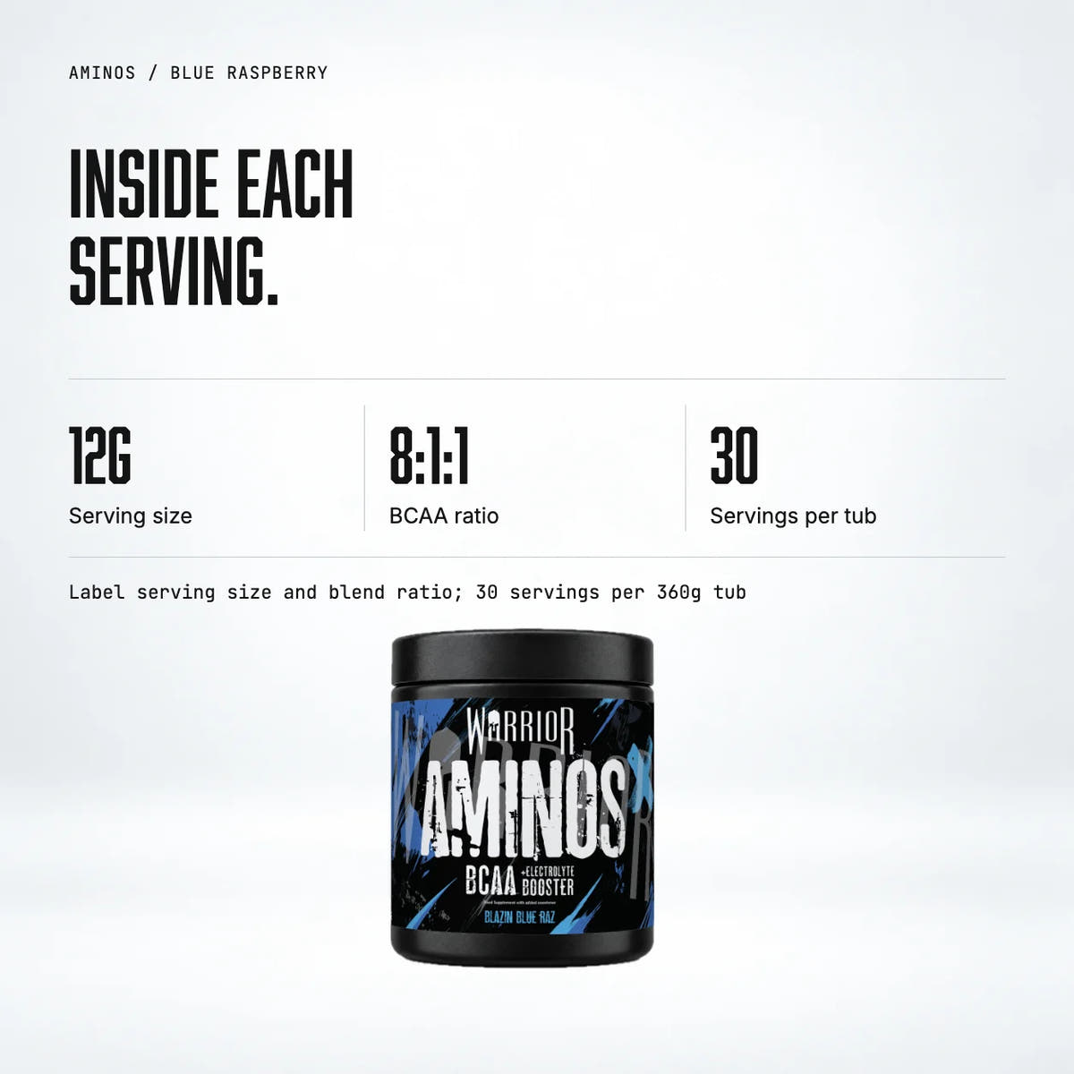 Warrior Aminos BCAA + Electrolyte Powder – 360g (30 Servings), Blue Raspberry: macro callout