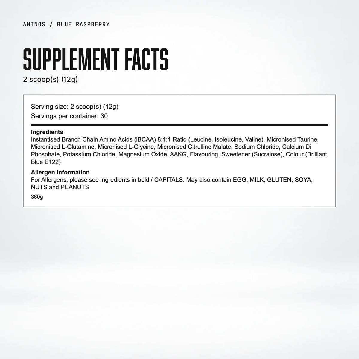 Warrior Aminos BCAA + Electrolyte Powder – 360g (30 Servings), Blue Raspberry: supplement facts