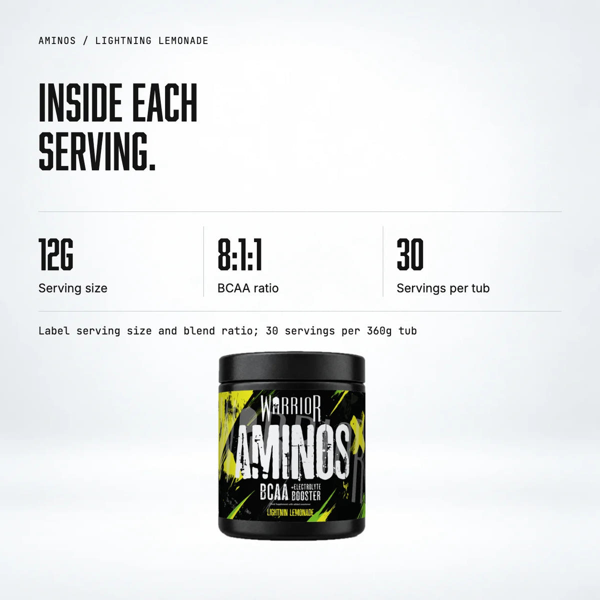 Warrior Aminos BCAA + Electrolyte Powder – 360g (30 Servings), Lightning Lemonade: macro callout