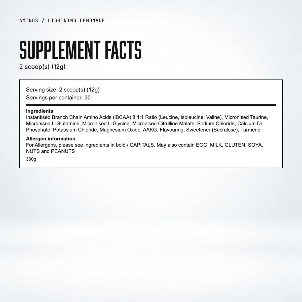 Warrior Aminos BCAA + Electrolyte Powder – 360g (30 Servings), Lightning Lemonade: supplement facts