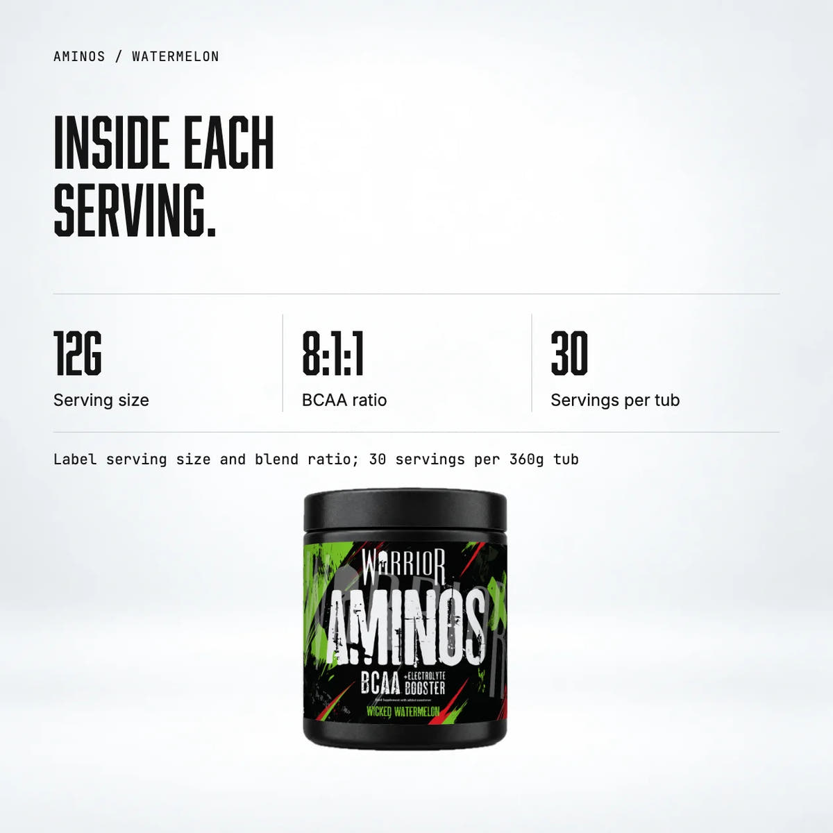 Warrior Aminos BCAA + Electrolyte Powder – 360g (30 Servings), Watermelon: macro callout