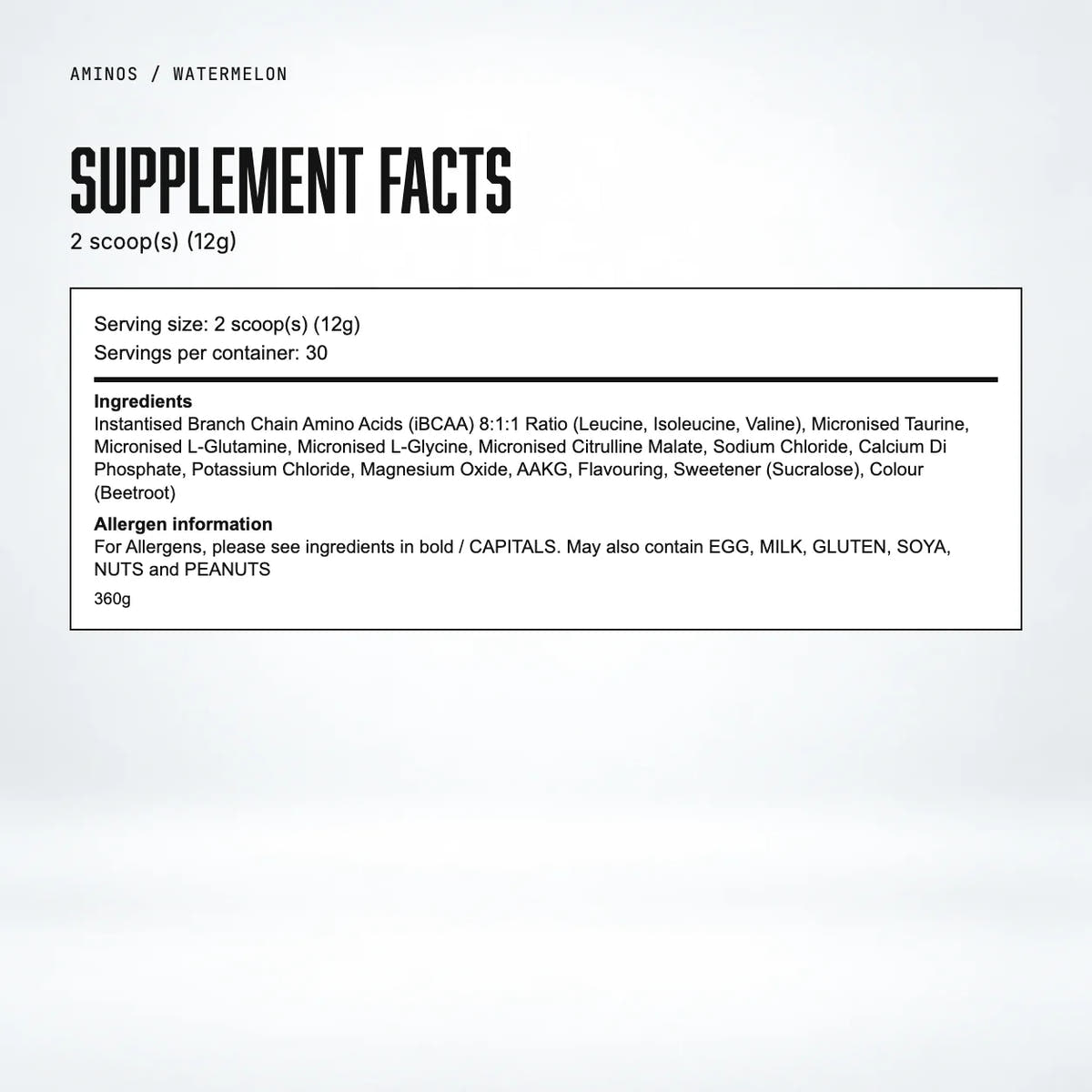 Warrior Aminos BCAA + Electrolyte Powder – 360g (30 Servings), Watermelon: supplement facts