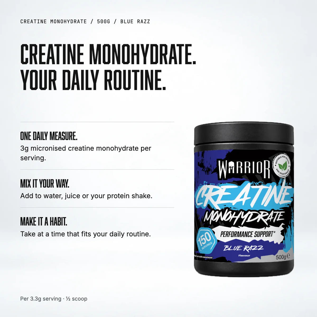 Warrior Creatine Monohydrate Powder, 500g / Blue Razz: benefits