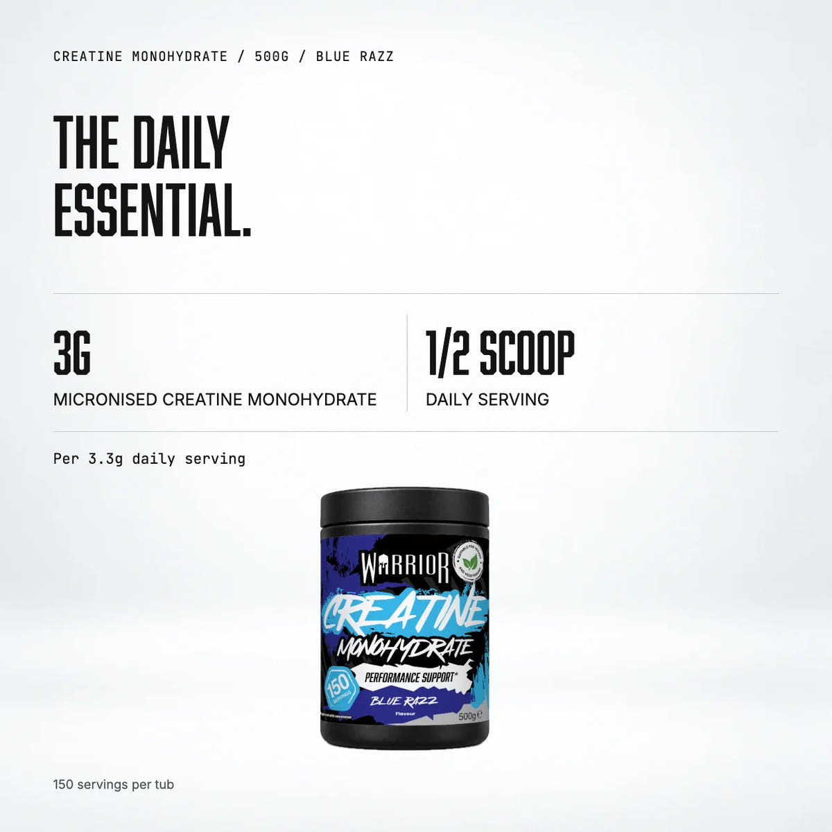 Warrior Creatine Monohydrate Powder, 500g / Blue Razz: macro callout