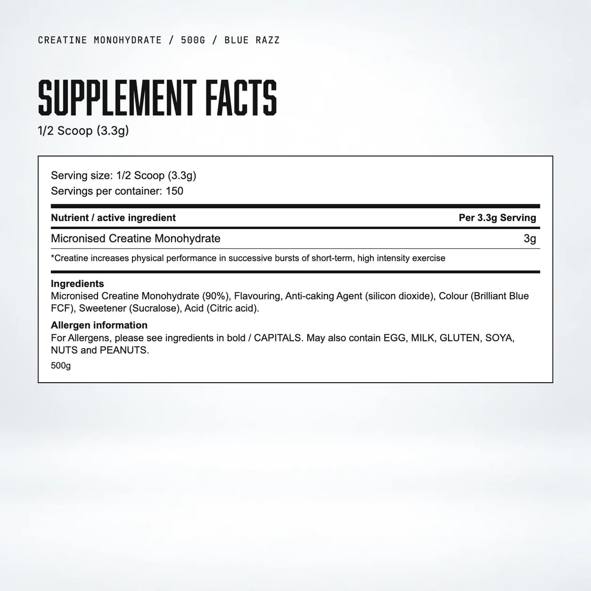 Warrior Creatine Monohydrate Powder, 500g / Blue Razz: supplement facts