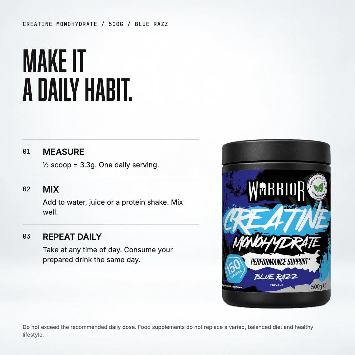 Warrior Creatine Monohydrate Powder, 500g / Blue Razz: when to take