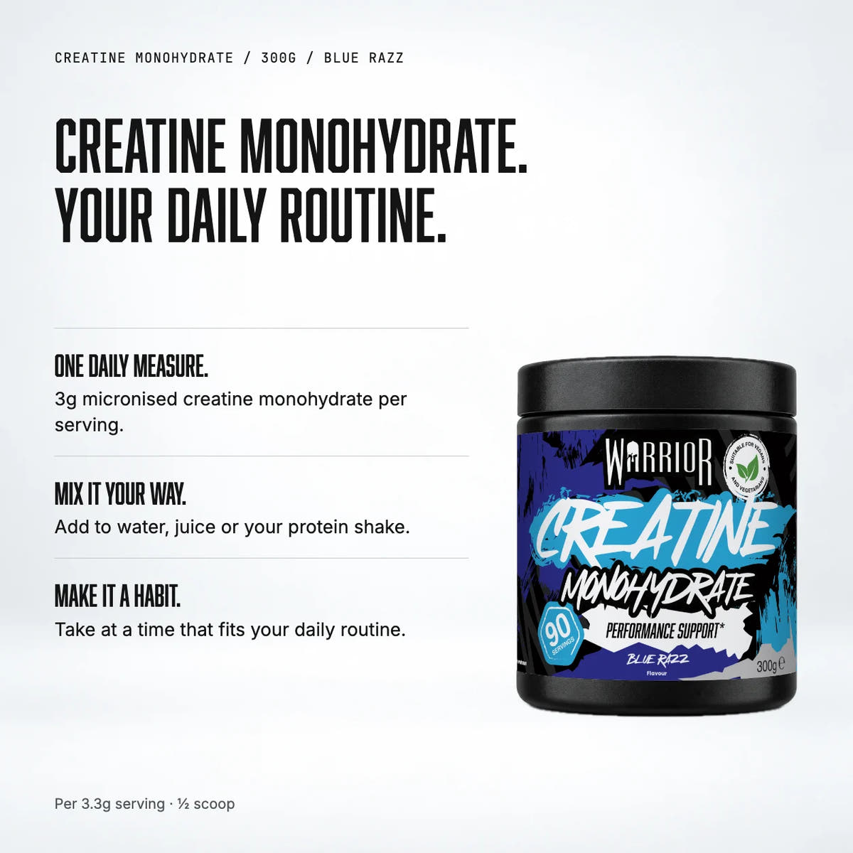 Warrior Creatine Monohydrate Powder, 300g / Blue Razz: benefits