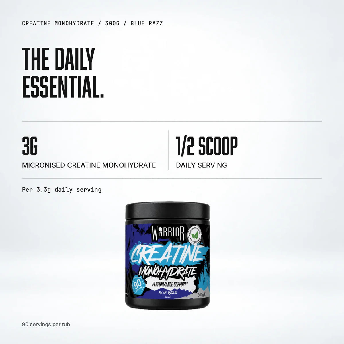 Warrior Creatine Monohydrate Powder, 300g / Blue Razz: macro callout