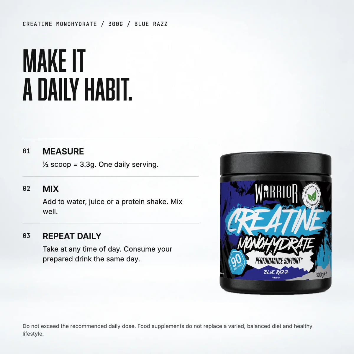 Warrior Creatine Monohydrate Powder, 300g / Blue Razz: when to take