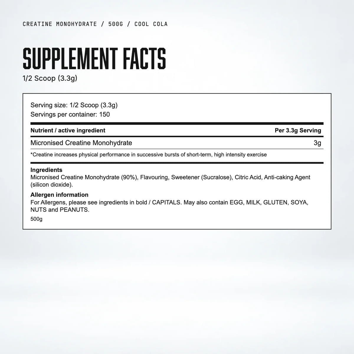 Warrior Creatine Monohydrate Powder, 500g / Cool Cola: supplement facts