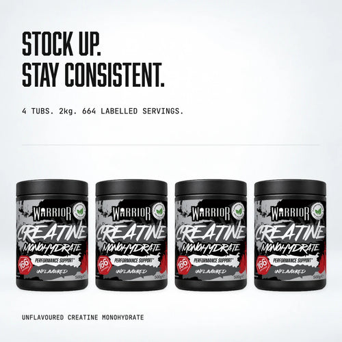 Warrior Creatine Monohydrate 1 year supply: four 500g tubs side by side, 2kg