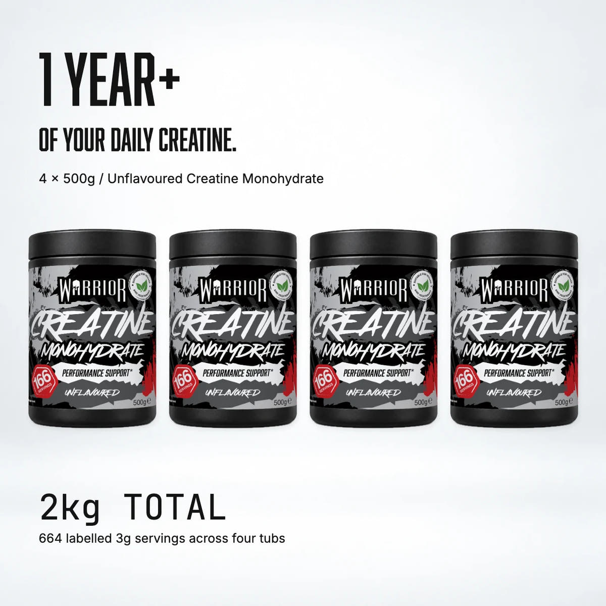 Warrior Creatine Monohydrate 1 year supply: four 500g Unflavoured tubs, 2kg in total