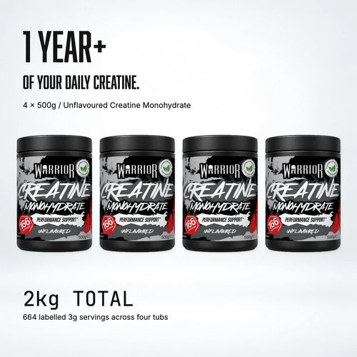 Warrior Creatine Monohydrate 1 year supply: four 500g Unflavoured tubs, 2kg in total