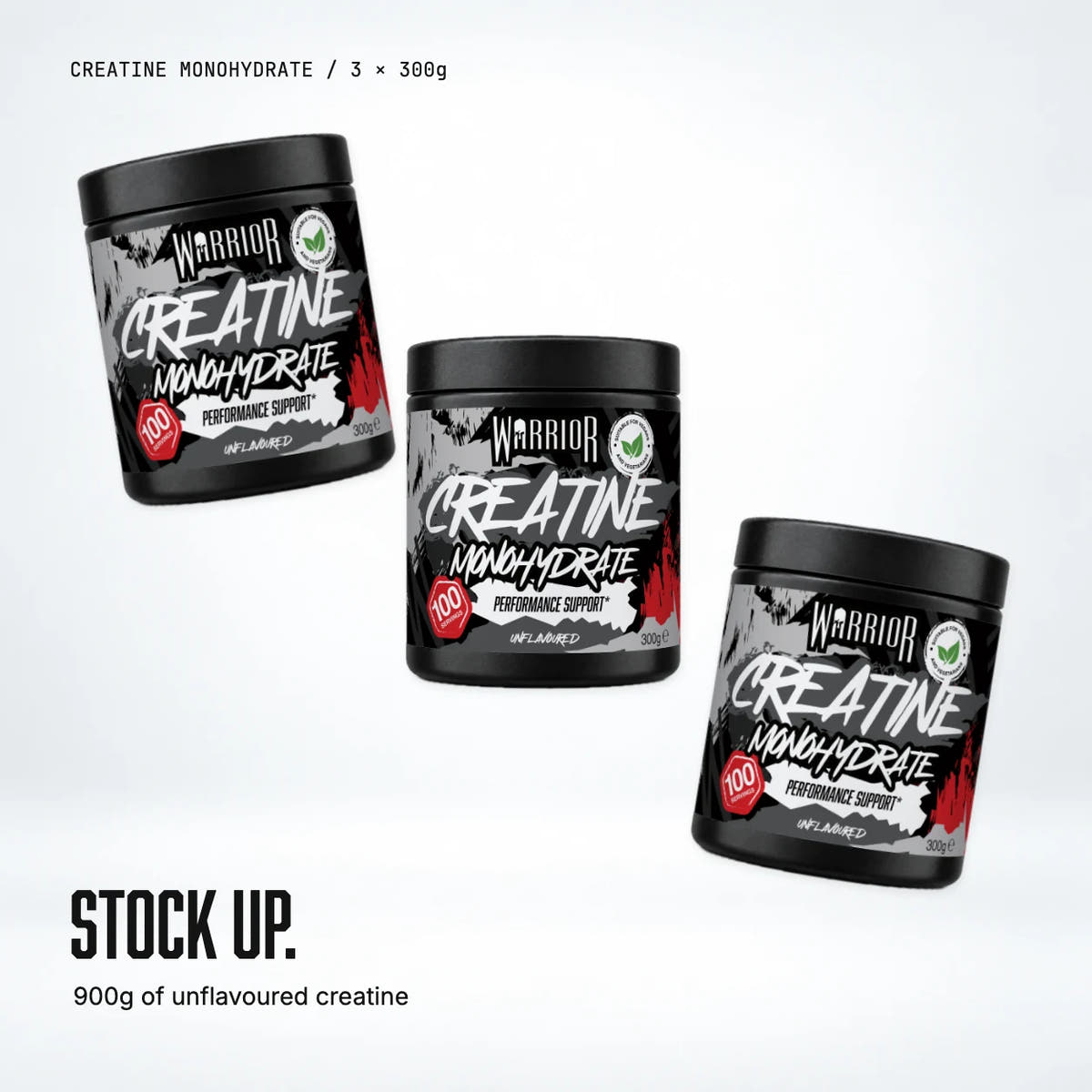 Warrior Creatine Monohydrate 6 month supply: three 300g Unflavoured tubs in a stepped line