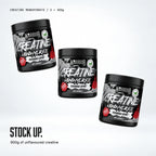 Warrior Creatine Monohydrate 6 month supply: three 300g Unflavoured tubs in a stepped line