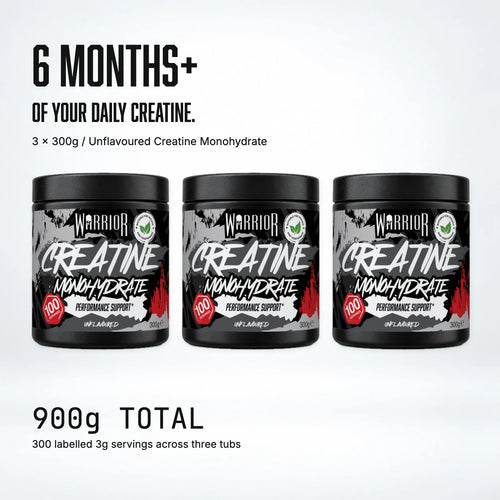 Warrior Creatine Monohydrate 6 month supply: three 300g Unflavoured tubs, 900g in total
