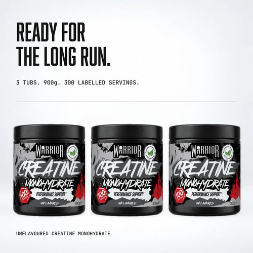 Warrior Creatine Monohydrate 6 month supply: three 300g tubs side by side, 900g