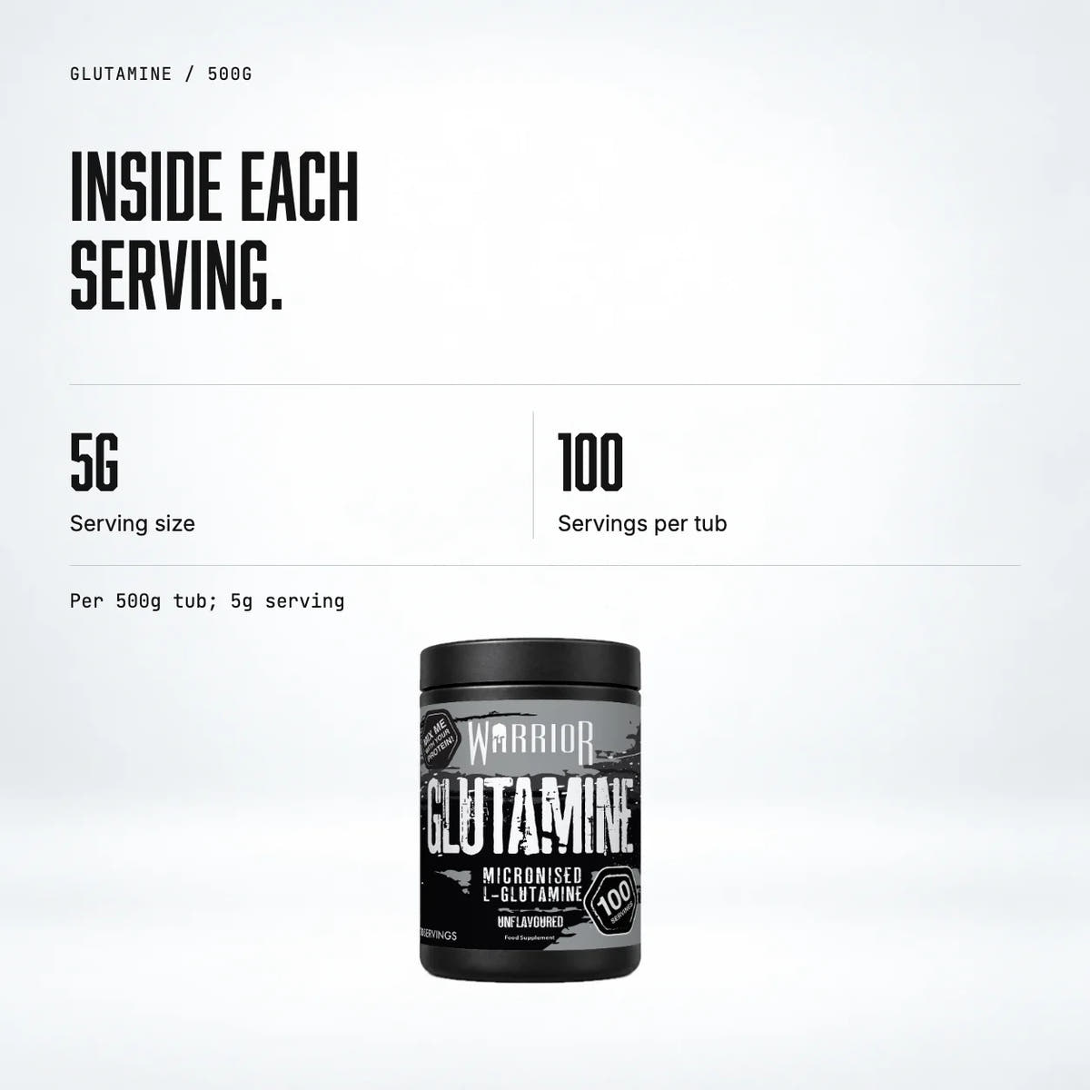 Warrior Glutamine Powder, 500g: macro callout