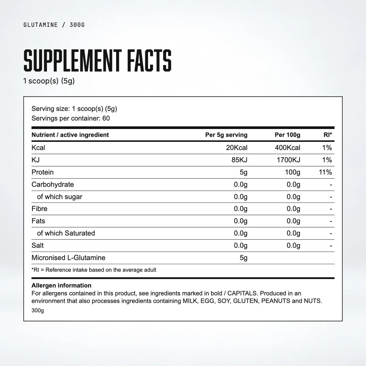 Warrior Glutamine Powder, 300g: supplement facts