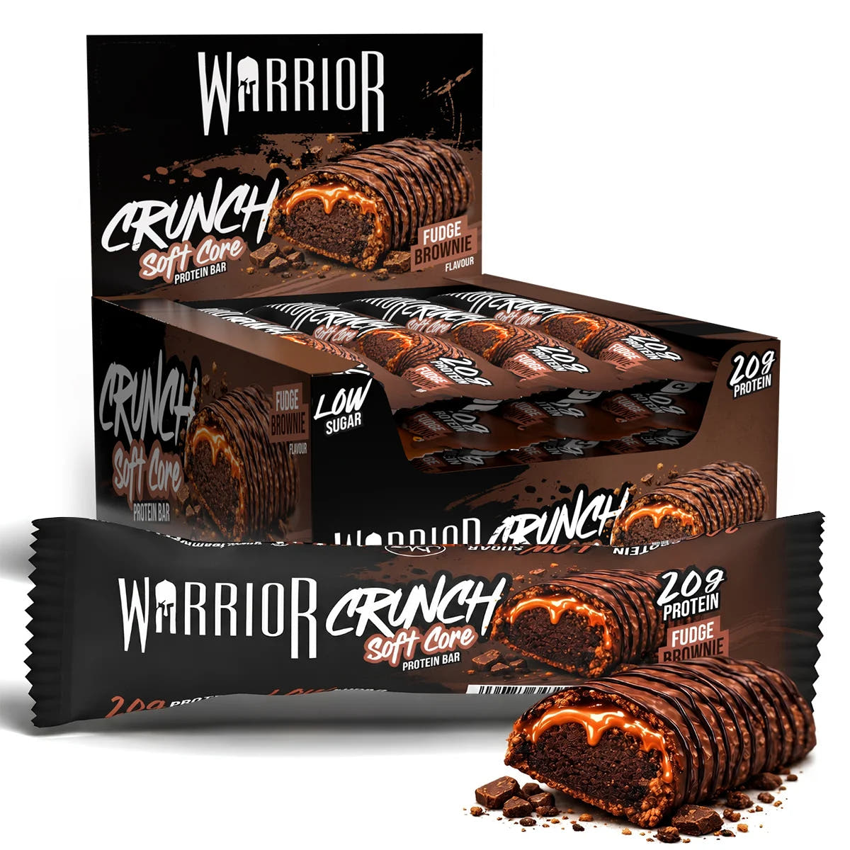 Warrior Crunch Soft Core Protein Bar, Fudge Brownie: box and bar